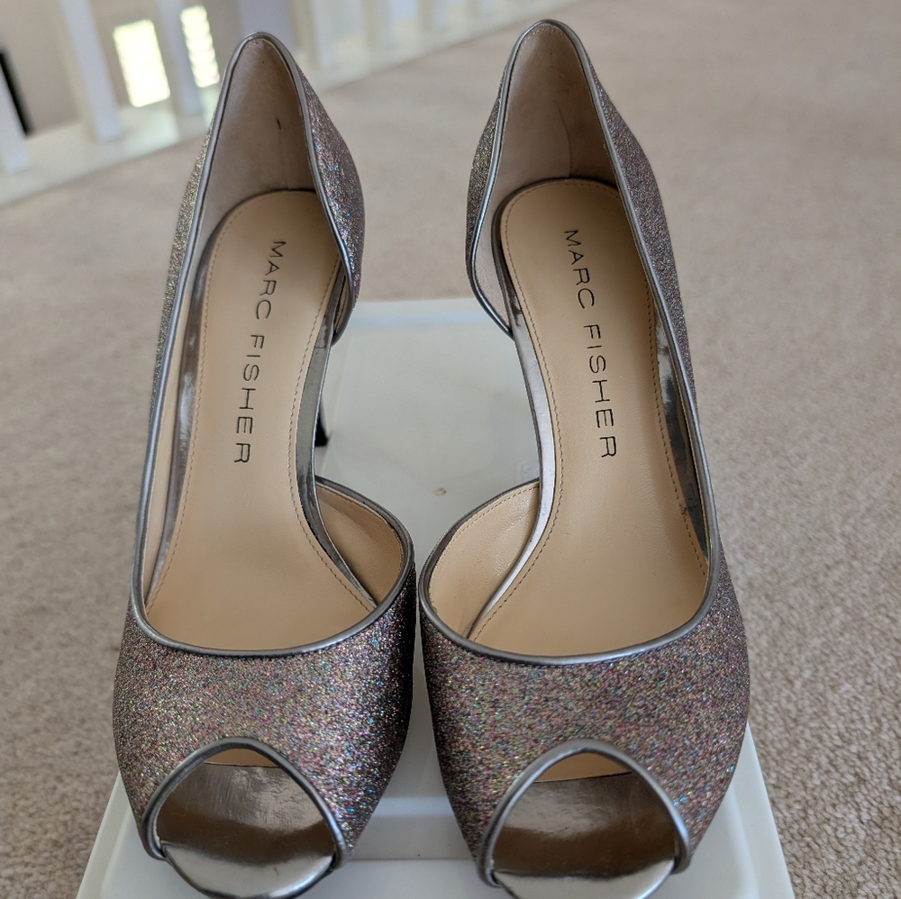 Marc Fisher Sparkling Peep Toe Heels - Silver and Multicolor - New Never Used